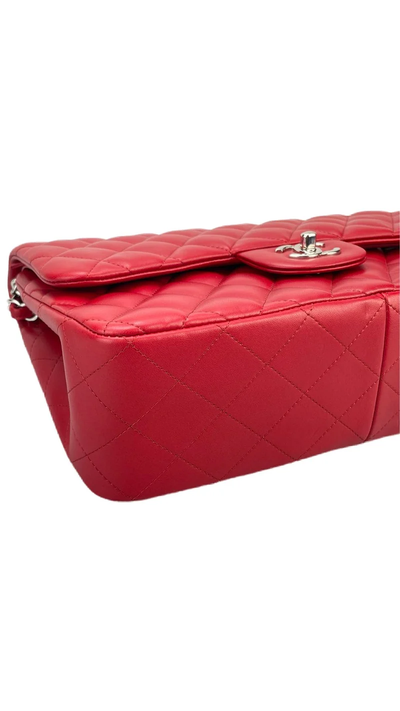 Chanel Red Timeless Classic Jumbo-Tasche aus Lammleder mit silberner Hardware
