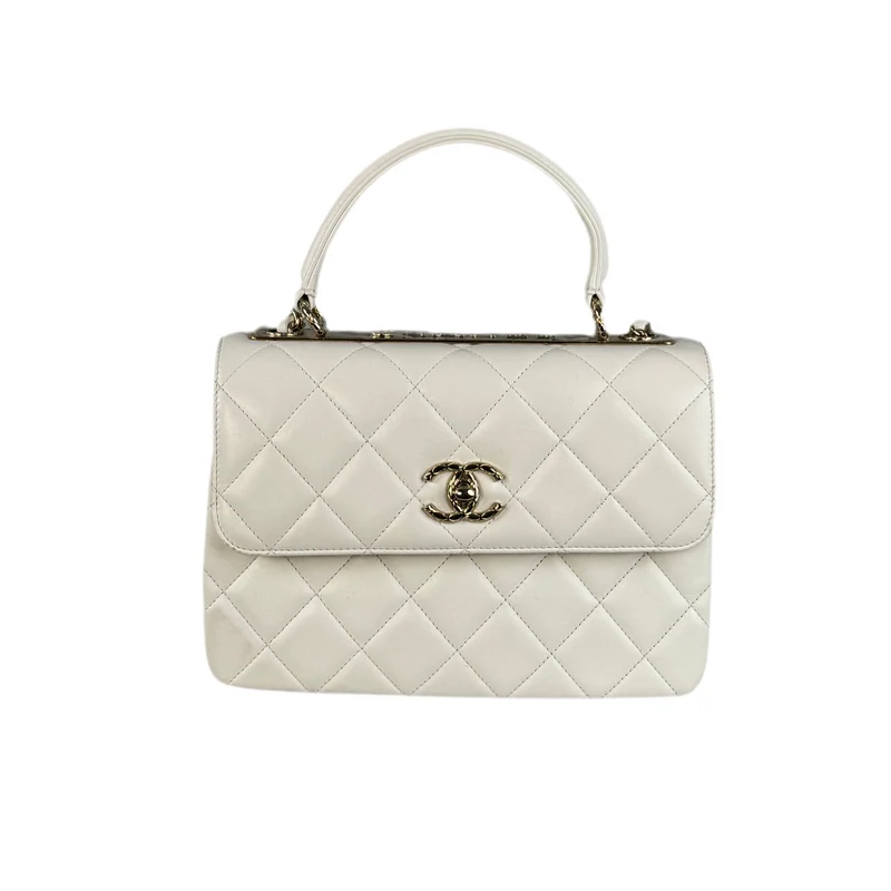 Chanel Trendy CC Bag aus kleinem, weißem Lammleder mit Rautensteppung und champagnergoldenen Metallteilen