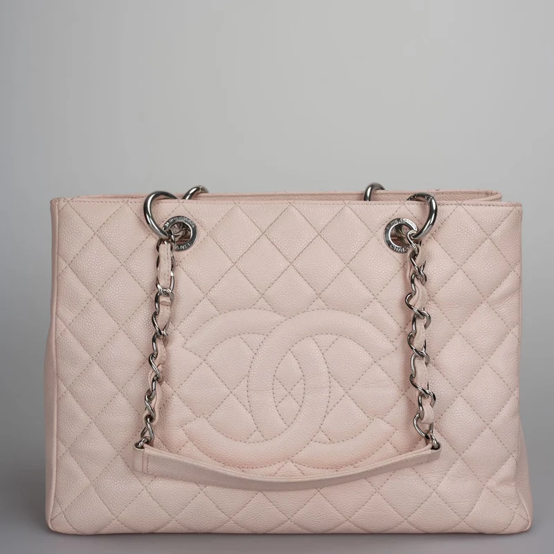 Chanel Kirschblütenrosa Grand Shopping Tote GST Tasche aus Kaviarleder mit silberner Hardware
