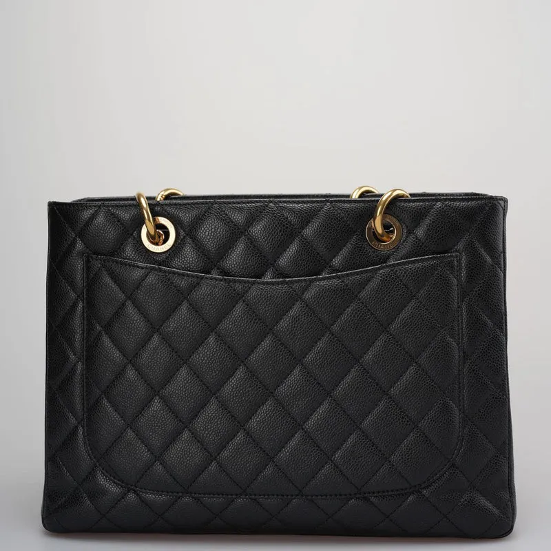 Chanel Grand Shopping Tote Schwarze GST-Tasche aus Kaviarleder mit goldener Hardware Medium