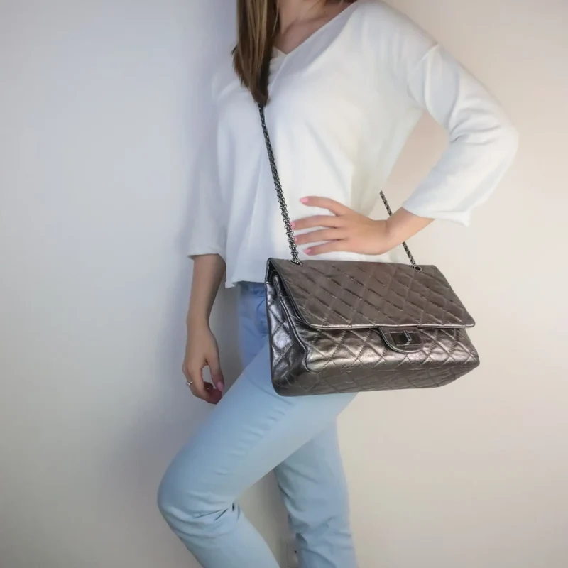 Chanel Silver Metallic Aged Calfskin 2.55 Reissue 227 Double Flap Bag, 2009
