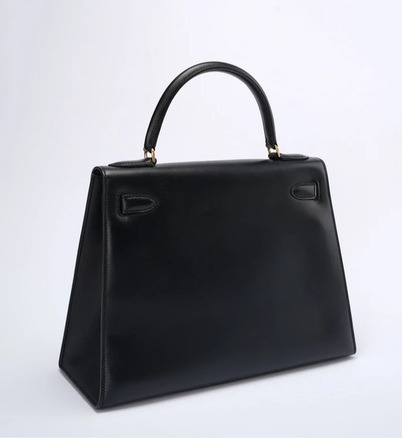 Hermes Vintage Kelly 28 Sellier Tasche aus schwarzem Kalbsleder mit goldener Hardware