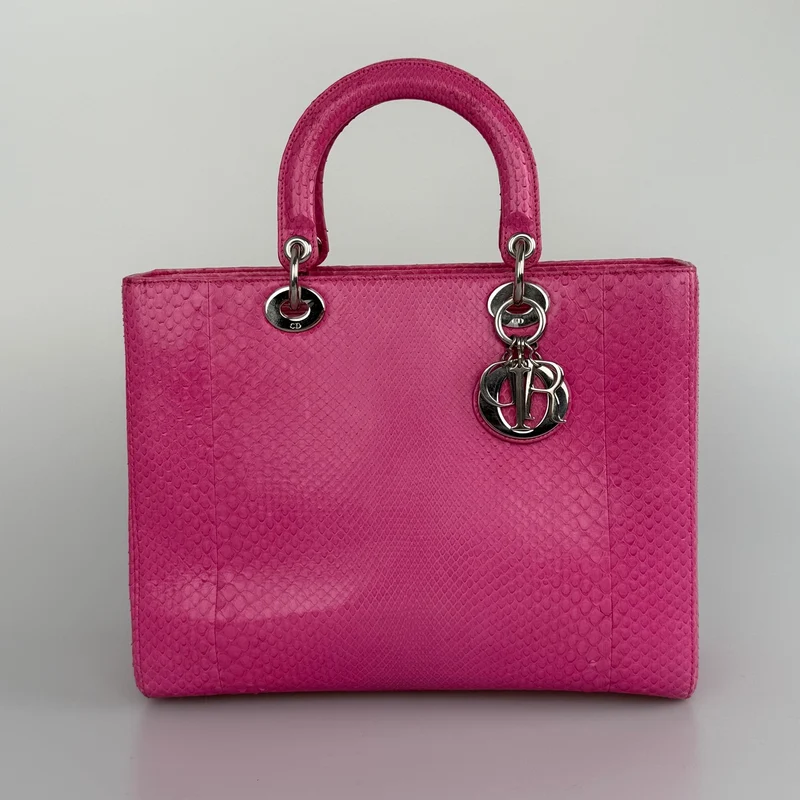 Christian Dior Große Lady Dior Tasche mit rosa Pythonleder und silberner Hardware