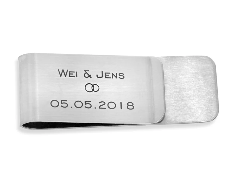GELDSCHEINKLAMMER MIT GRAVUR, EDELSTAHL GELDKLAMMER