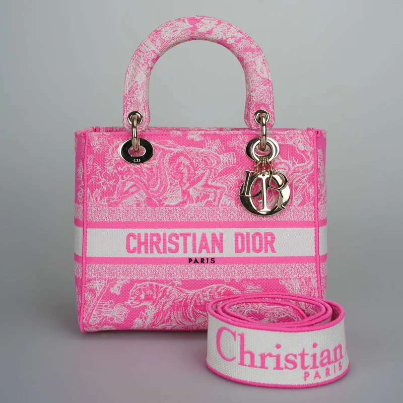 Christian Dior Canvas Toile De Jouy Reverse bestickte mittelgroße Lady D-Lite in fluoreszierendem Rosa