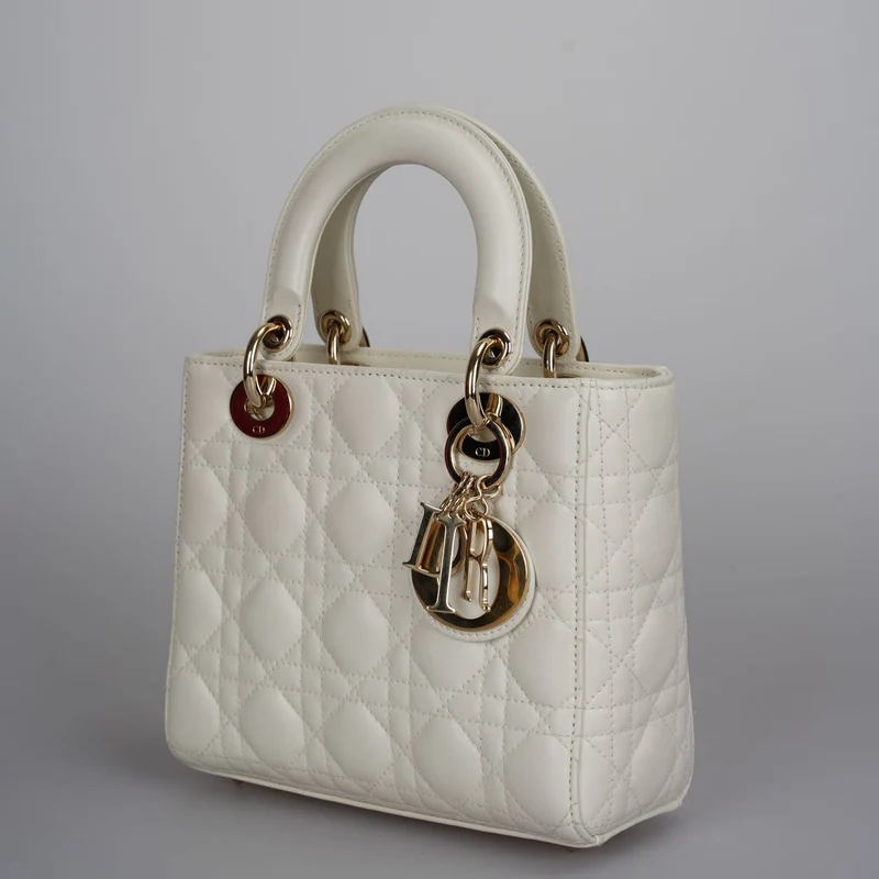 Christian Dior Kleine Lady Dior Tasche aus weißem Cannage-Lammleder mit goldenen Beschlägen