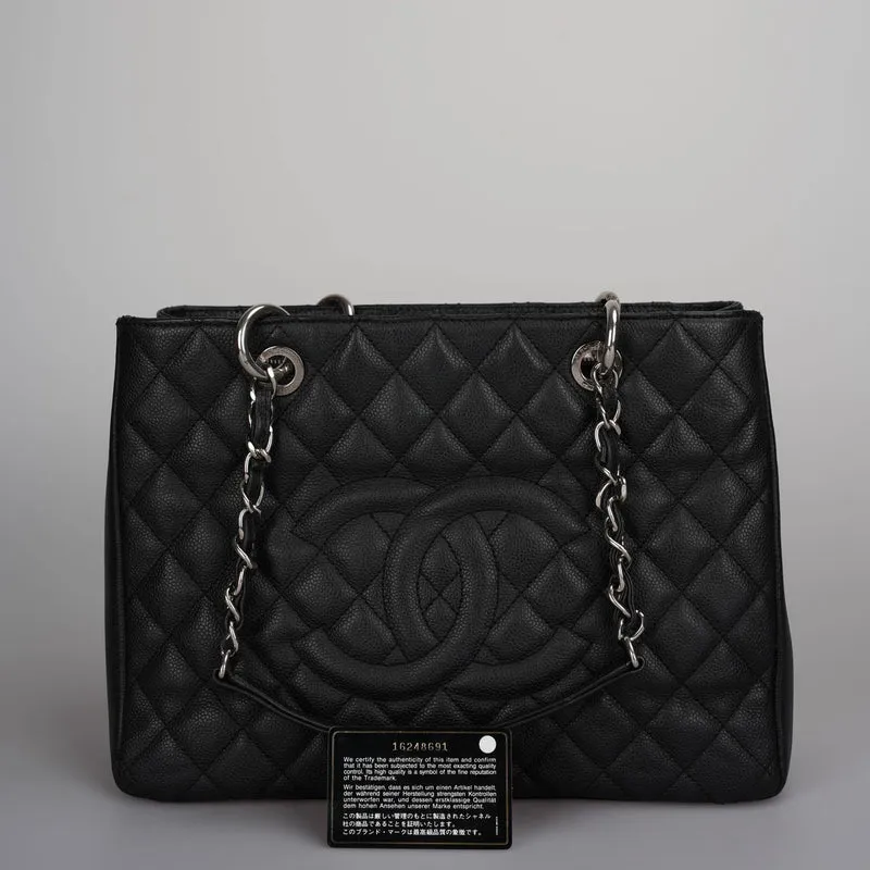 Chanel Black Grand Shopping Tote Schwarze GST Tasche in Kaviar in Silber 2012