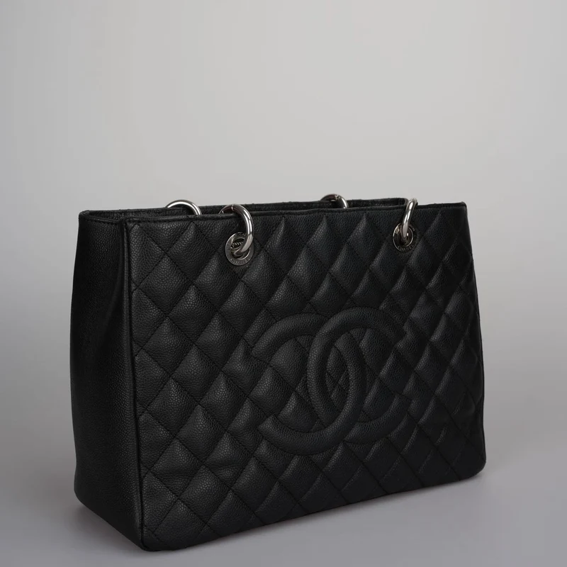 Chanel Black Grand Shopping Tote Schwarze GST Tasche in Kaviar in Silber 2012