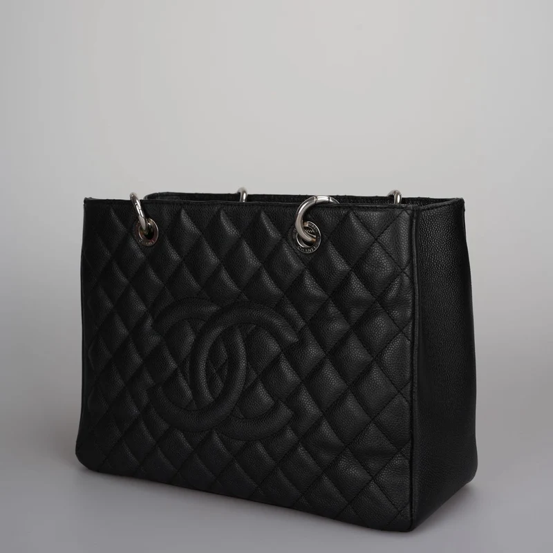 Chanel Black Grand Shopping Tote Schwarze GST Tasche in Kaviar in Silber 2012