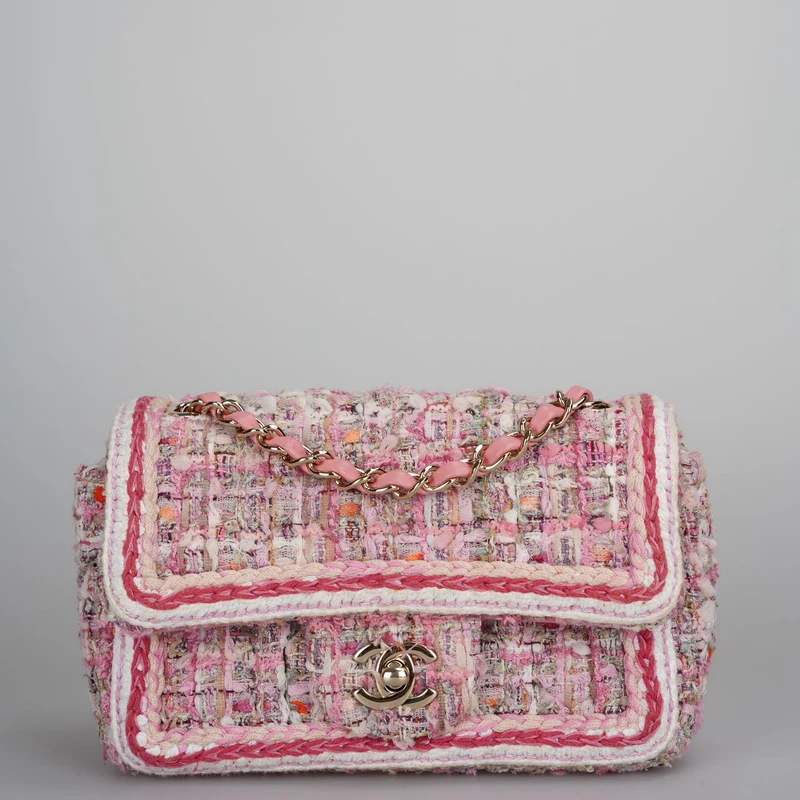 Chanel Tweed Classic Mini Flap Rechtecktasche in Weiß und Pink mit goldenen Beschlägen