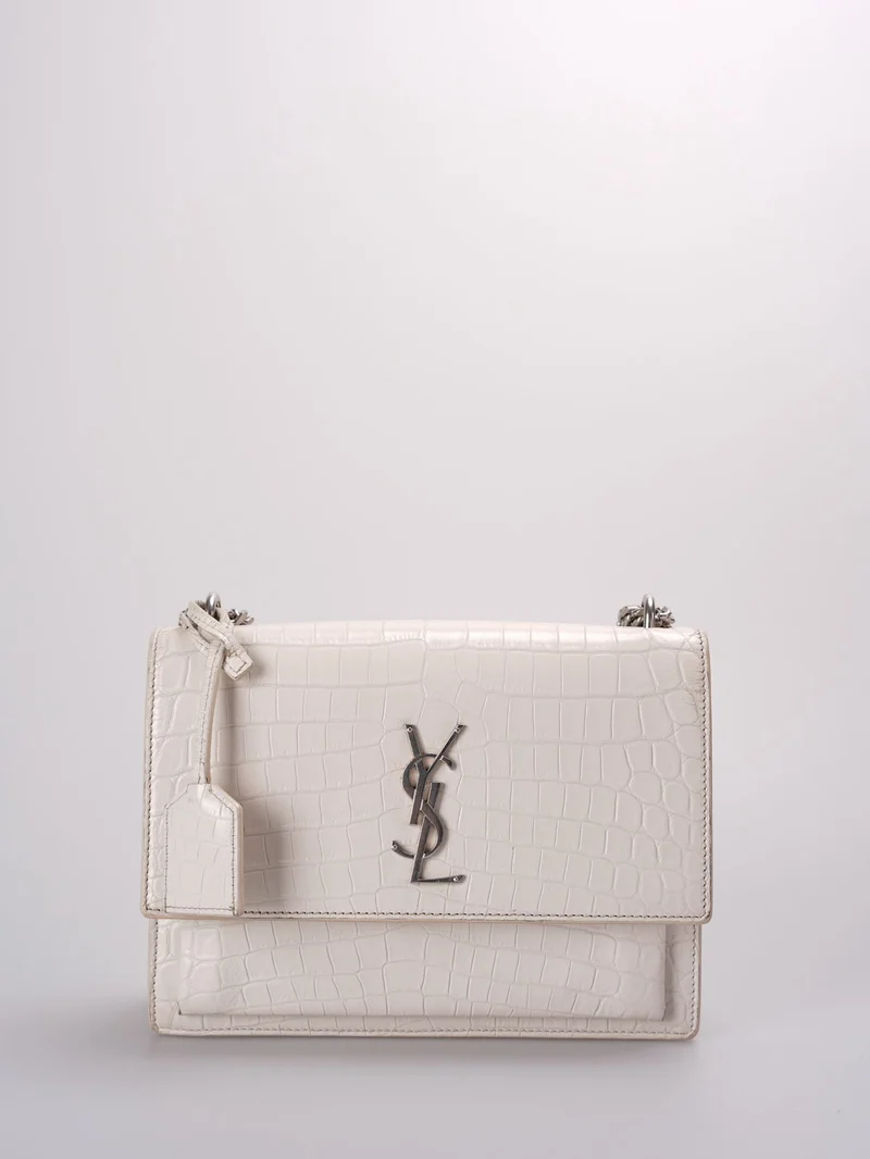 Saint Laurent YSL Sunset – Mittlere Ledertasche mit Krokodilprägung in Elfenbein