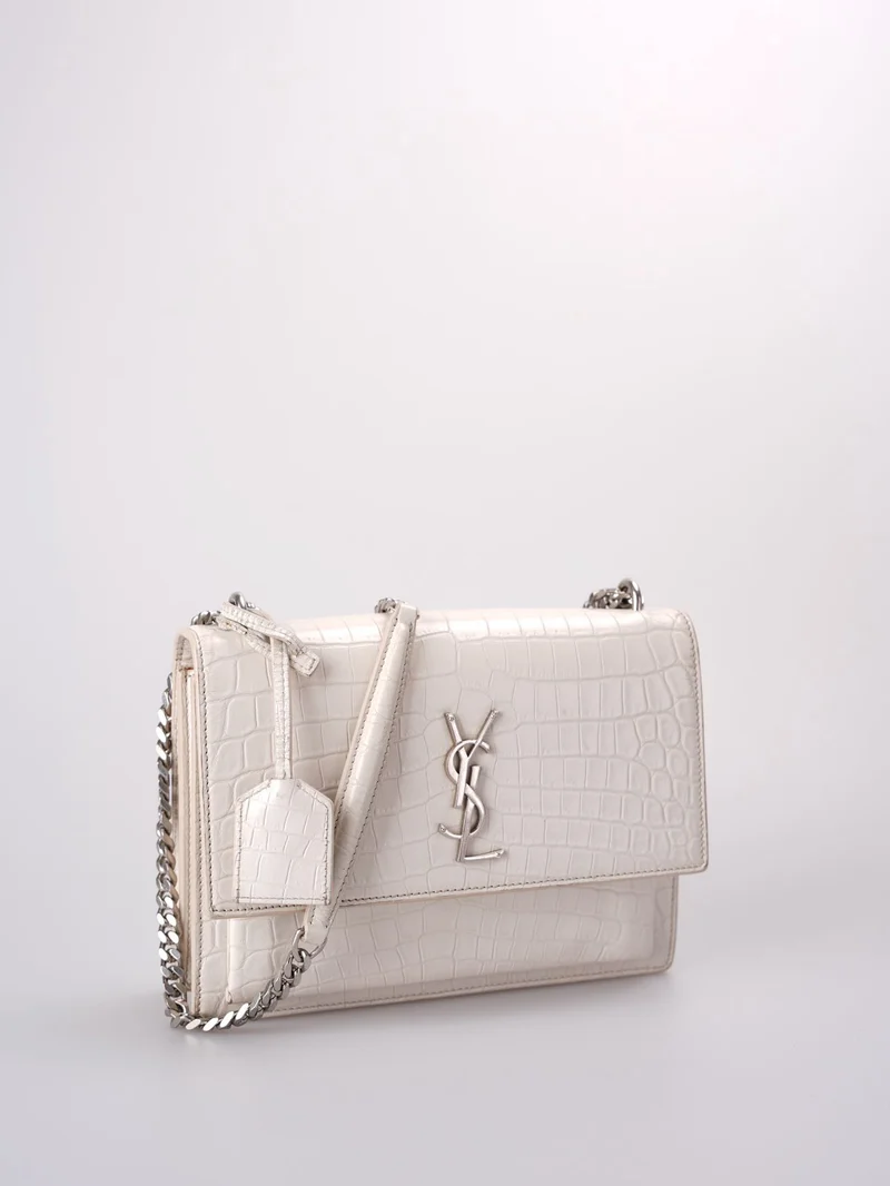 Saint Laurent YSL Sunset – Mittlere Ledertasche mit Krokodilprägung in Elfenbein