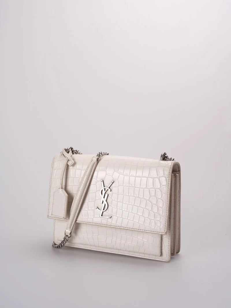 Saint Laurent YSL Sunset – Mittlere Ledertasche mit Krokodilprägung in Elfenbein