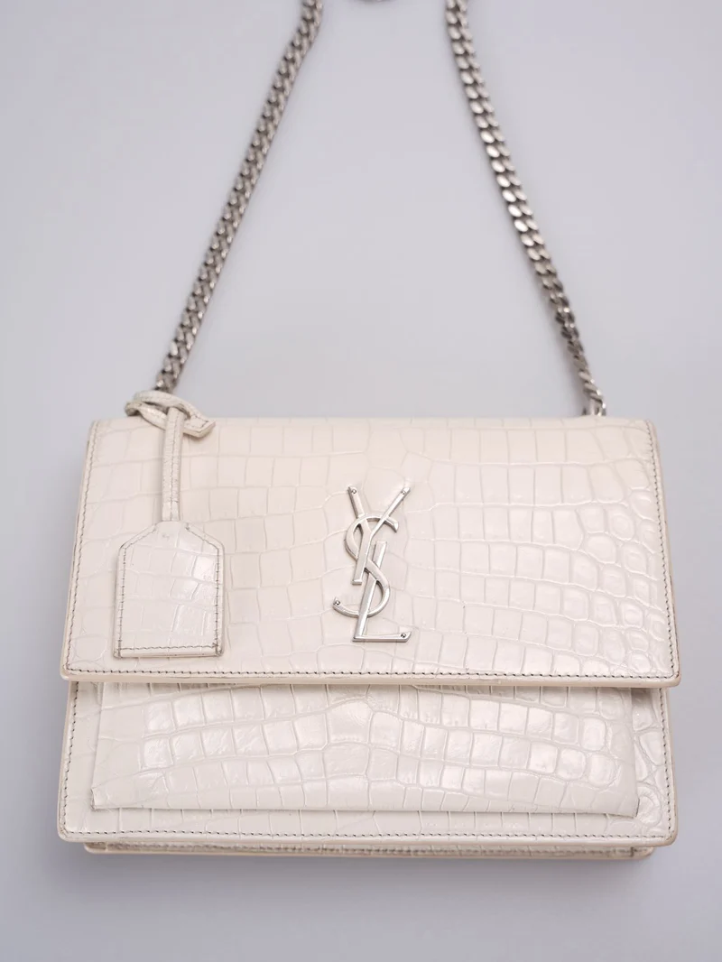 Saint Laurent YSL Sunset – Mittlere Ledertasche mit Krokodilprägung in Elfenbein