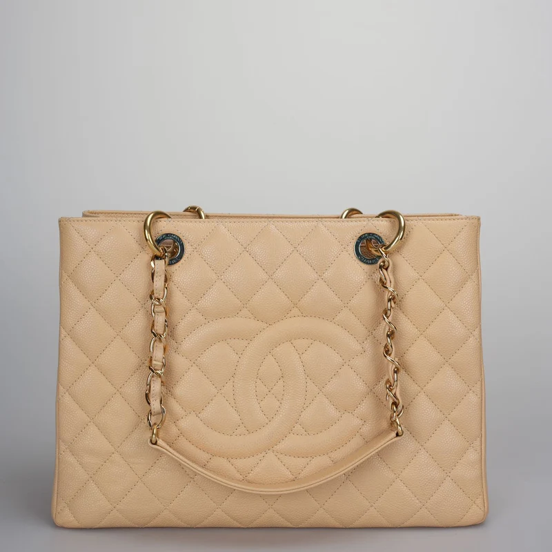 Chanel Beige Grand Shopping Tote Beige GST Tasche aus Kaviarleder mit goldenen Beschlägen