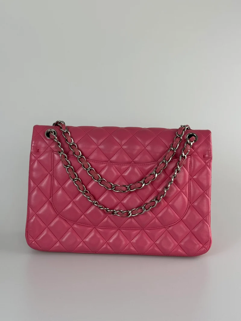 Chanel Pink Classic Double Flap Bag mit silberner Hardware in Jumbo-Größe