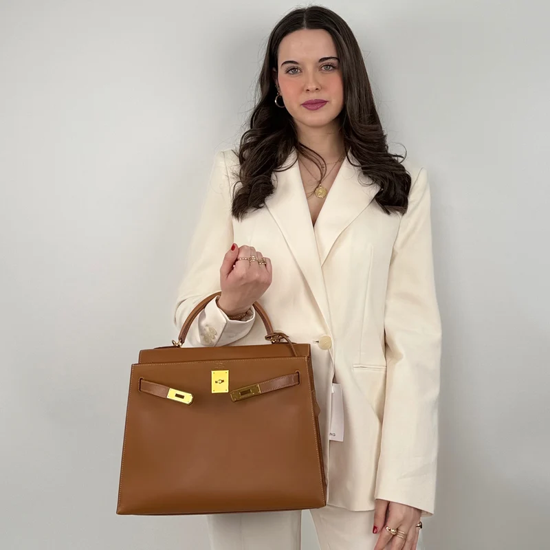 Hermes Kelly Bag 32cm aus Gold (Braun) Boxleder mit Goldbeschlägen