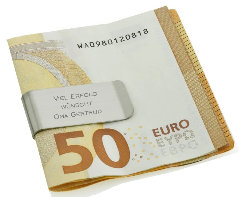 EDELSTAHL GELDKLAMMER PERSONALISIERT GELDSCHEINKLAMMER MIT GRAVUR