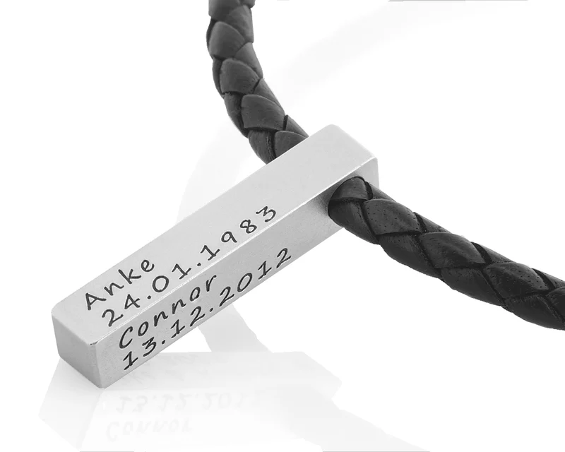HERREN HALSKETTE GRAVUR SCHWARZ 925 SILBER STAB LEDERKETTE MÄNNERKETTE TEXT