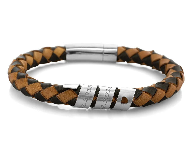 LEDER ARMBAND HERREN BRAUN KARIERT GRAVUR, MÄNNERARMBAND NAMEN HERRENARMBAND