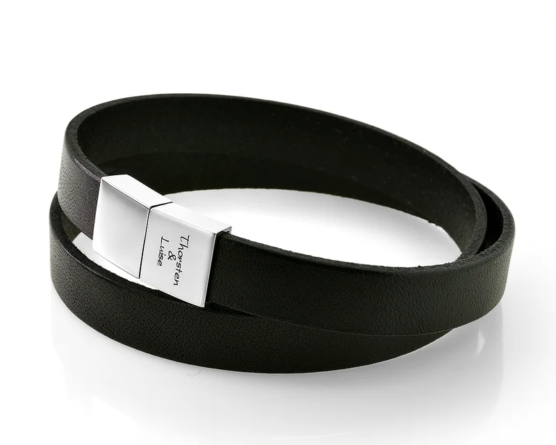 ARMBAND HERREN SCHWARZ GRAVUR MÄNNERARMBAND PERSONALISIERT LEDER