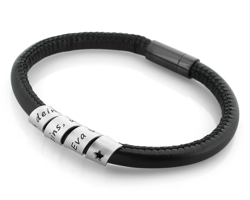 SCHWARZES LEDER ARMBAND HERREN GRAVUR 925 SILBER ANHÄNGER HERRENSCHMUCK