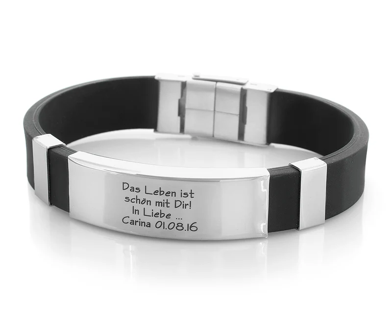 KAUTSCHUK ARMBAND SCHWARZ MIT GRAVUR, HERRENSCHMUCK MIT NAMEN