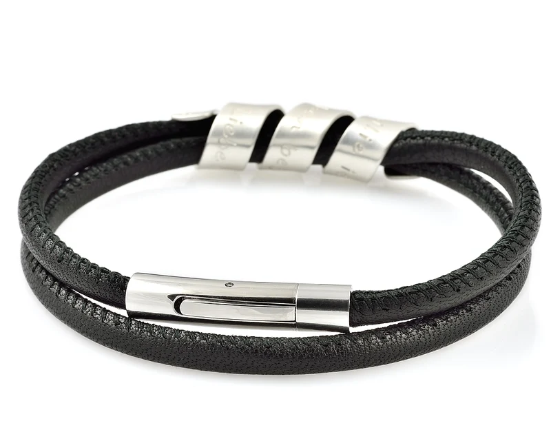 MÄNNER ARMBAND LEDER SCHWARZ GRAVUR LEDERARMBAND HERRENSCHMUCK 925 SILBER