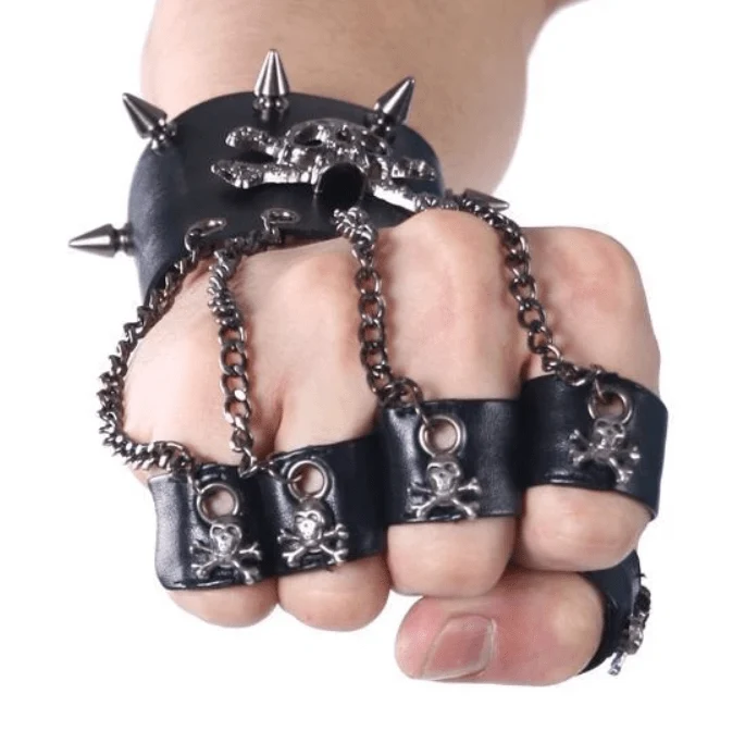 Schwarze Totenkopf-Metallketten-Handschuhe für Herren mit abnehmbaren Fingerringen