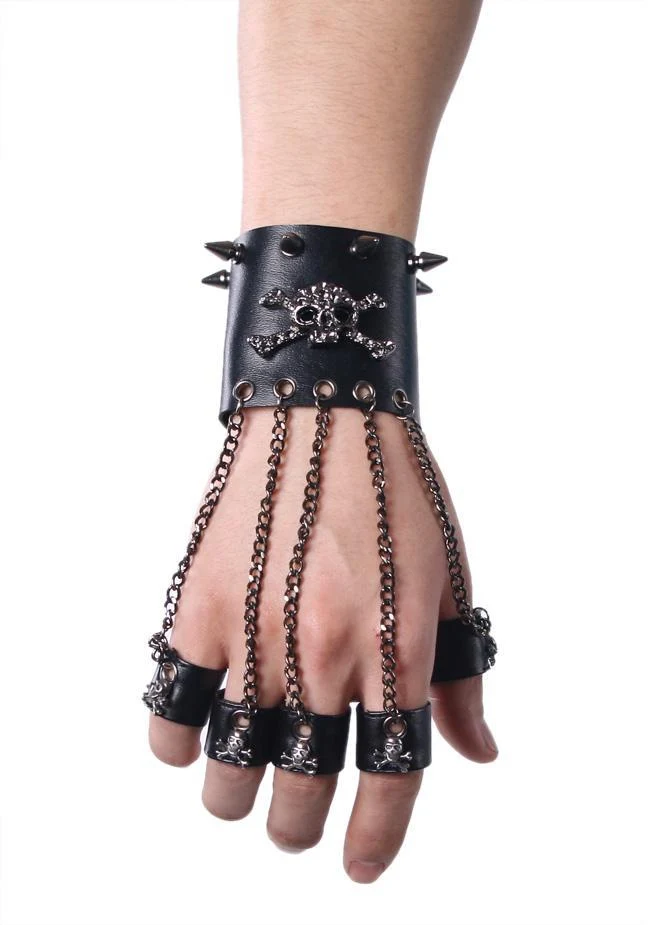 Schwarze Totenkopf-Metallketten-Handschuhe für Herren mit abnehmbaren Fingerringen