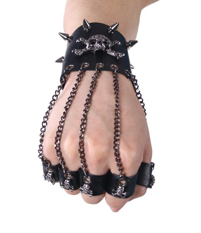 Schwarze Totenkopf-Metallketten-Handschuhe für Herren mit abnehmbaren Fingerringen