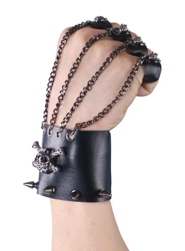 Schwarze Totenkopf-Metallketten-Handschuhe für Herren mit abnehmbaren Fingerringen