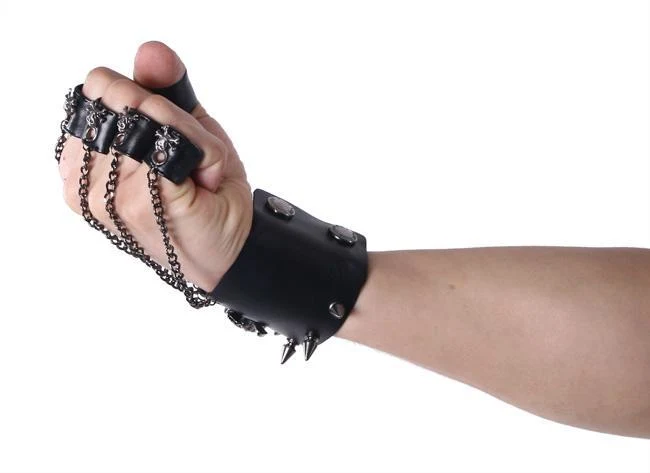 Schwarze Totenkopf-Metallketten-Handschuhe für Herren mit abnehmbaren Fingerringen