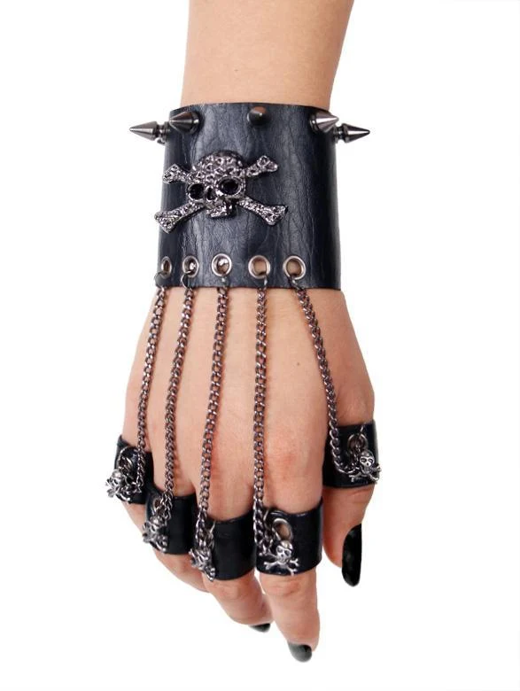 Schwarze Totenkopf-Metallketten-Handschuhe für Herren mit abnehmbaren Fingerringen