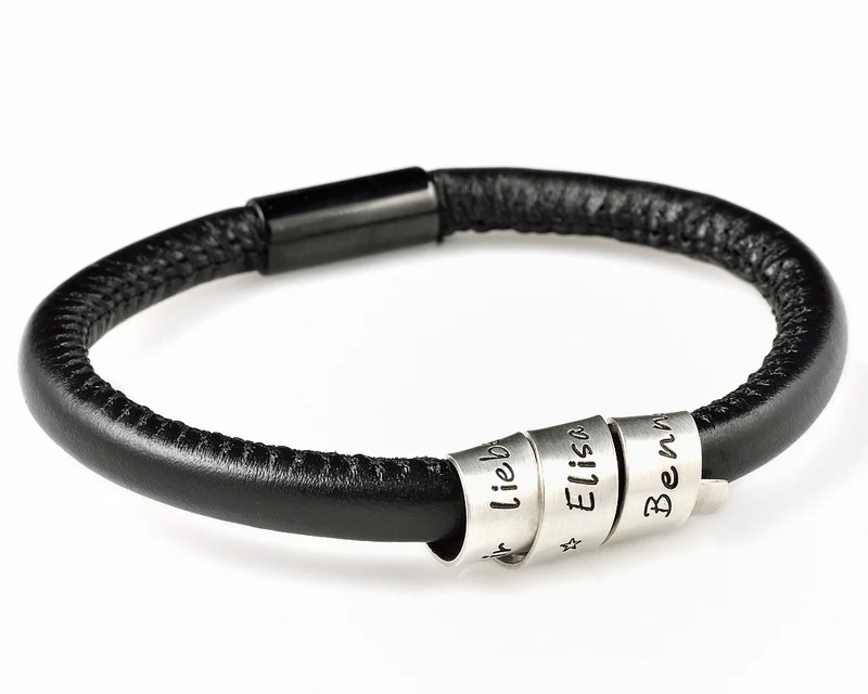 ARMBAND LEDER GRAVUR HERREN LEDERARMBAND SCHWARZ NAMENSARMBAND 925 SILBER