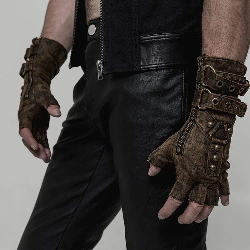 Herren Steampunk Gürtelschnalle Niet Handschuhe Kaffee