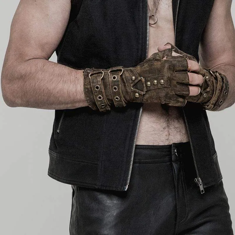 Herren Steampunk Gürtelschnalle Niet Handschuhe Kaffee